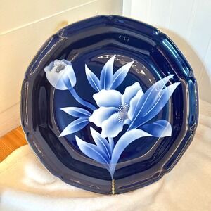 Vintage Japanese Fukagawa 11.5 Platter Bowl Cobalt Blue White Floral Gold Border